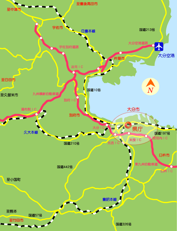 大分県庁舎へのアクセス地図（広域図、Googleマップを閲覧できない環境向け）